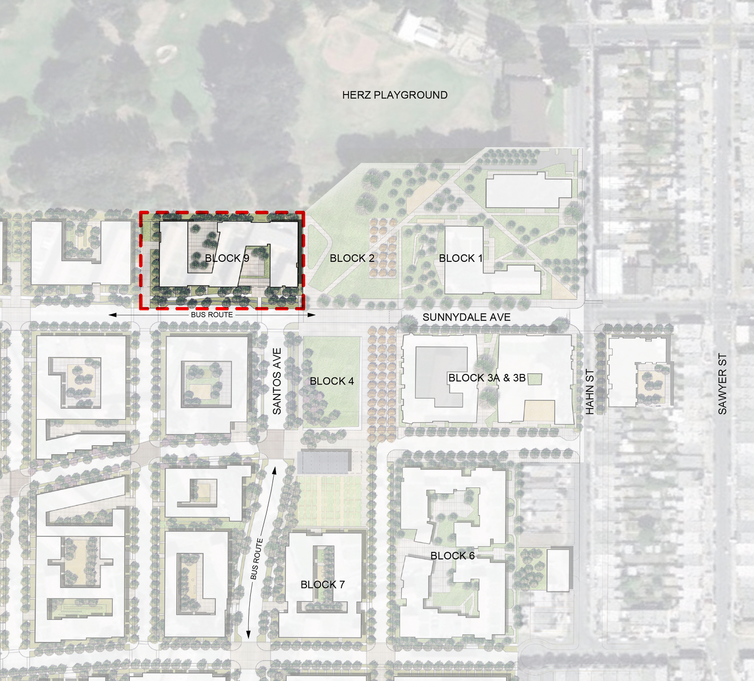 Sunnydale Block 9 in the Sunnydale overview map, rendering by VMWP and Kerman Morris Architects