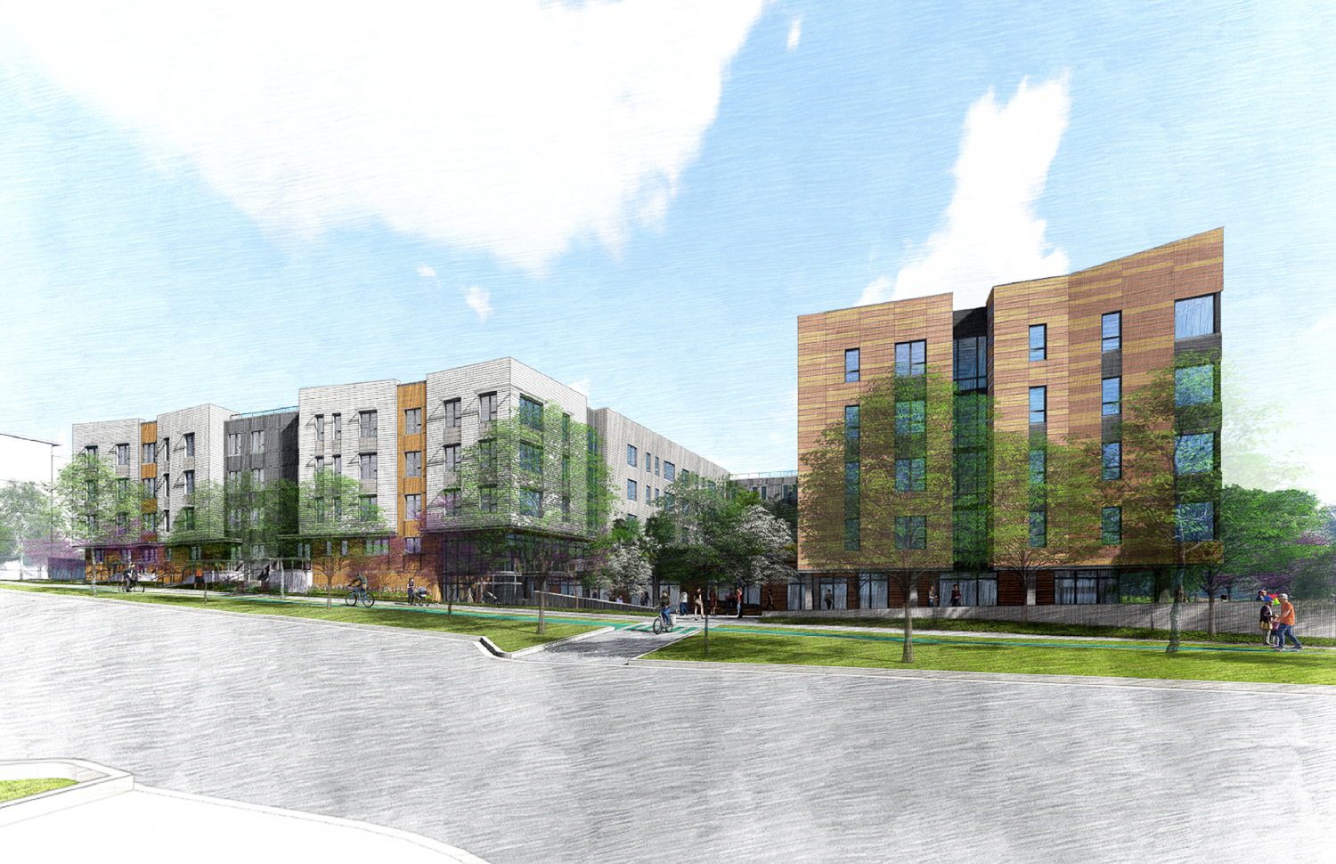 Sunnydale Block 9 seen from Sunnydale and Santos, rendering by VMWP and Kerman Morris Architects