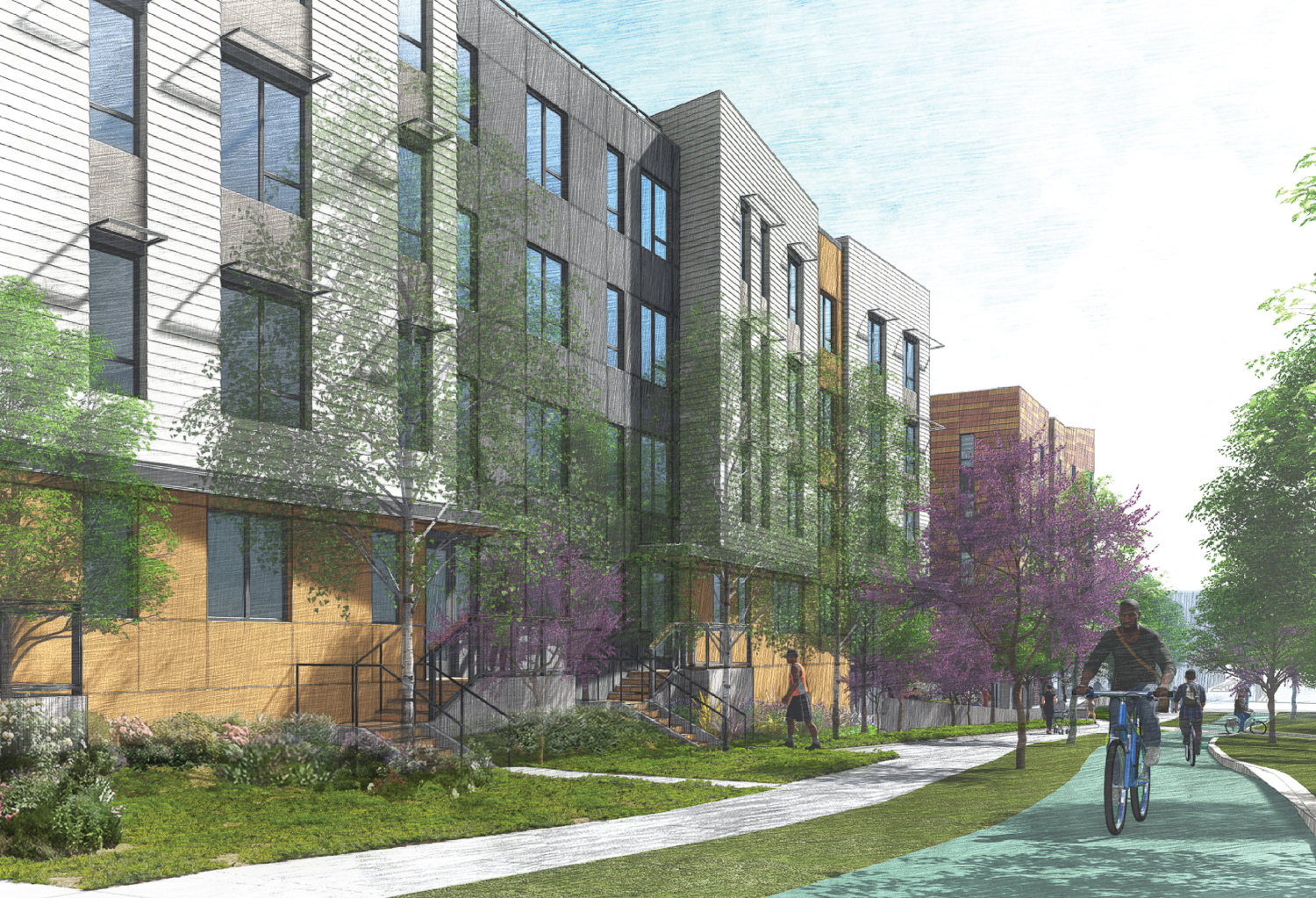 Sunnydale Block 9 seen from the bicycle path, rendering by VMWP and Kerman Morris Architects
