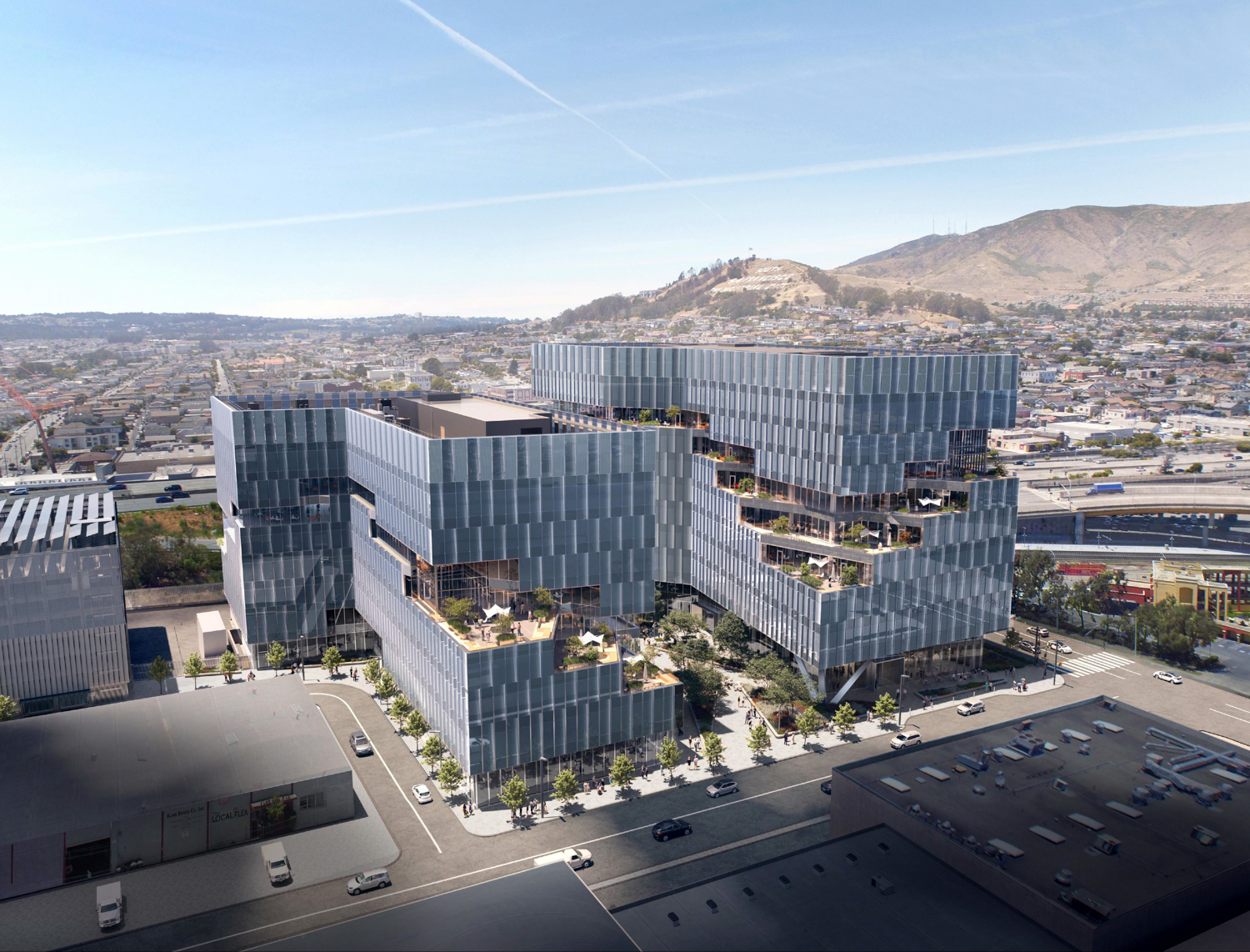 100 East Grand Avenue aerial view at Sylvester Road, rendering by ZGF Architects