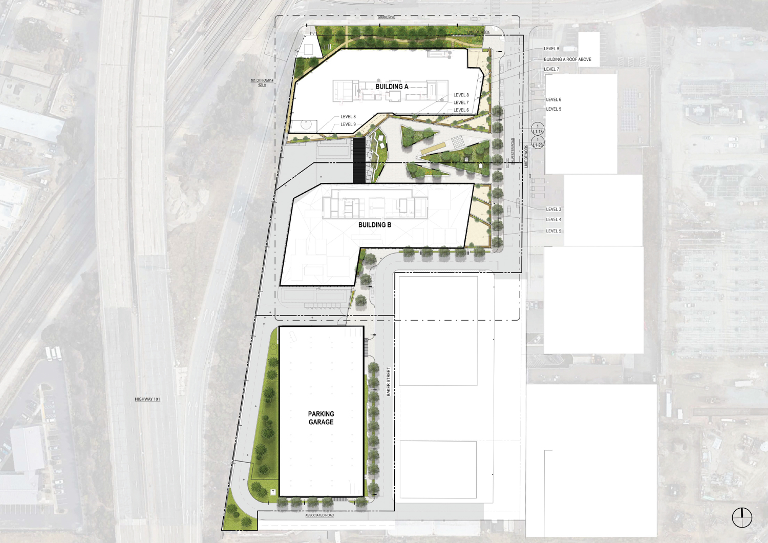 100 East Grand Avenue site map, illustration by ZGF Architects