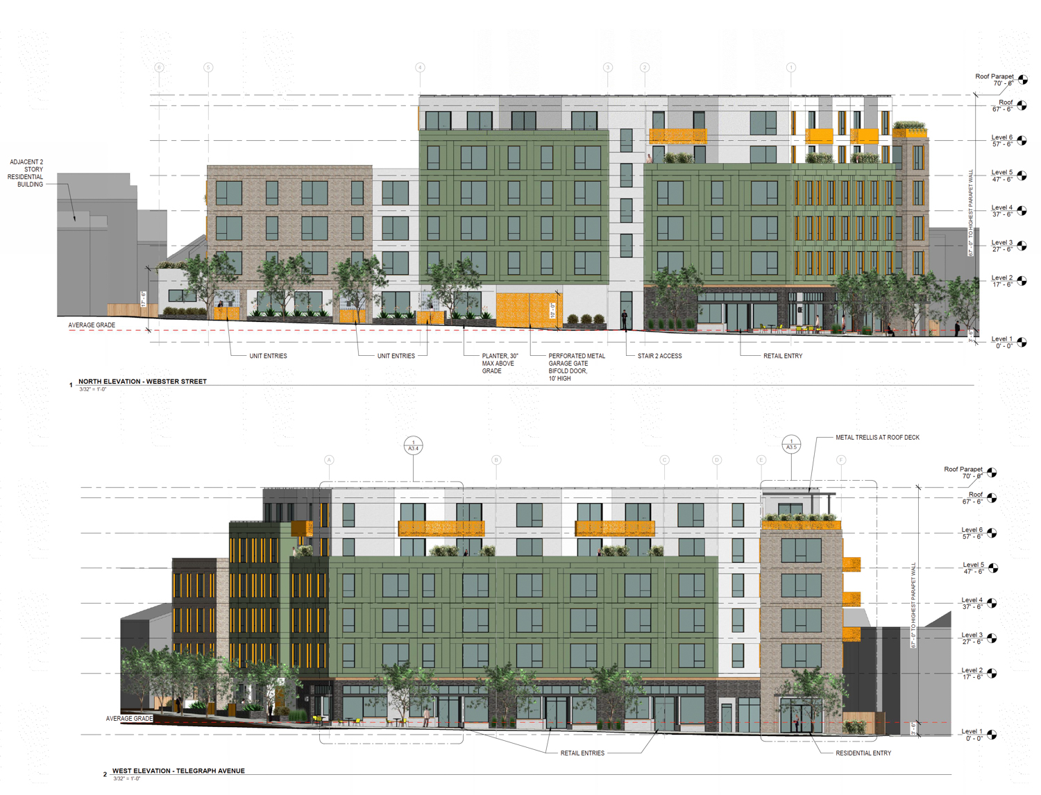 3031 Telegraph Avenue facade elevations for the north and west view, rendering by Devi Dutta Architecture