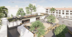 333 Dolores Street aerial view of the play yard, rendering by Jensen Architects