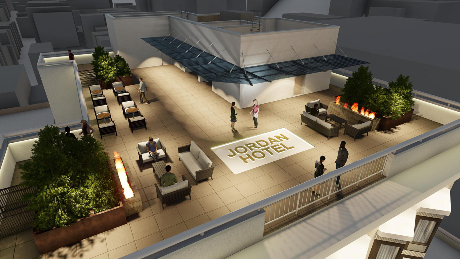 420 Sutter Street evening view of the rooftop deck, rendering by Stanton Architecture