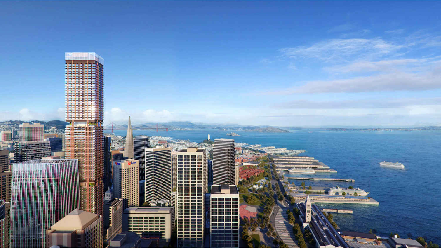 50 Main Street aerial perspective from over Embarcadero, design by Foster + Partners
