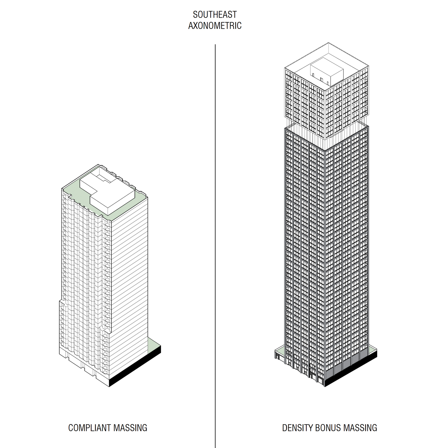 620 Folsom Street base massing compared with the Density Bonus proposal, rendering by Arquitectonica