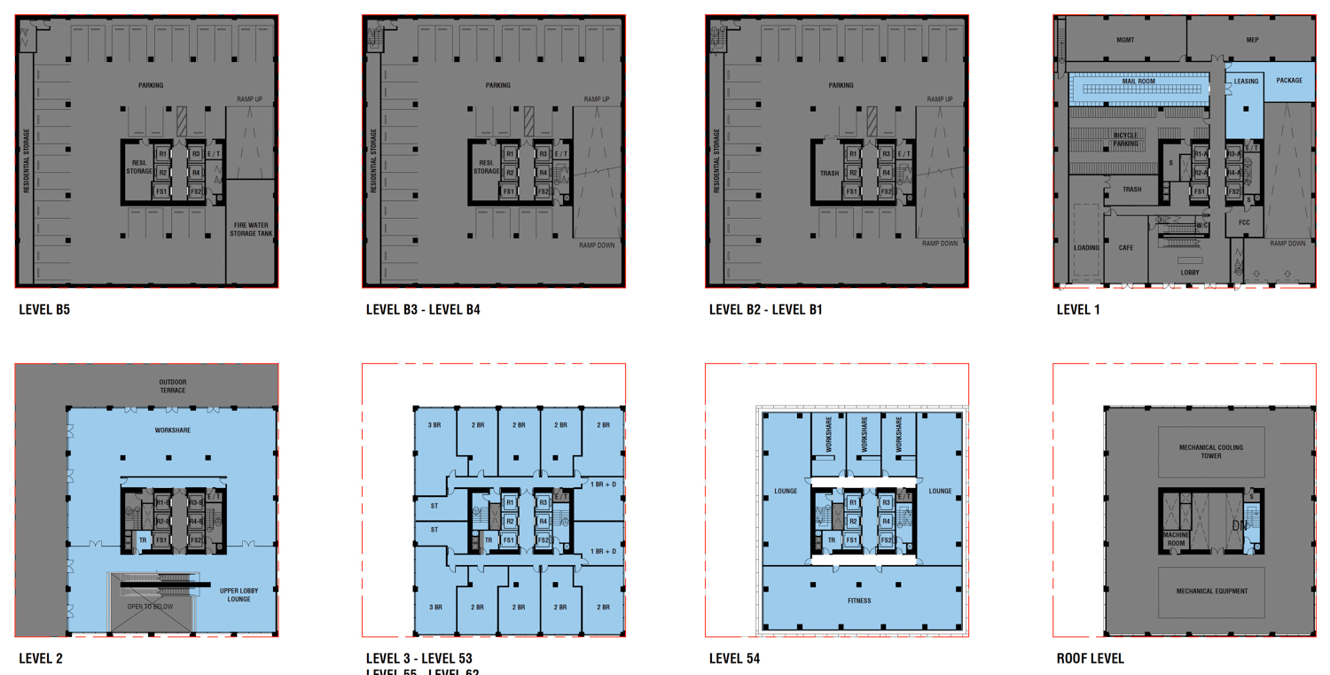 620 Folsom Street floor plans, illustration by Arquitectonica