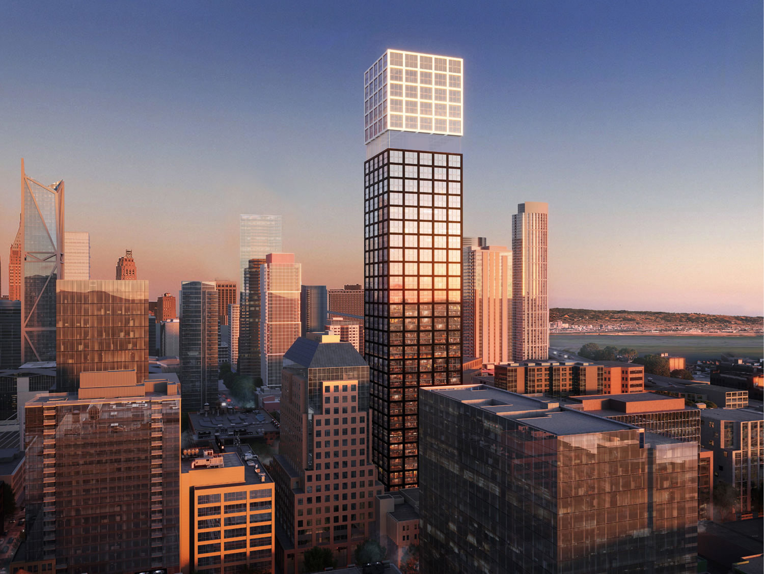 620 Folsom Street sunset aerial view, rendering by Arquitectonica