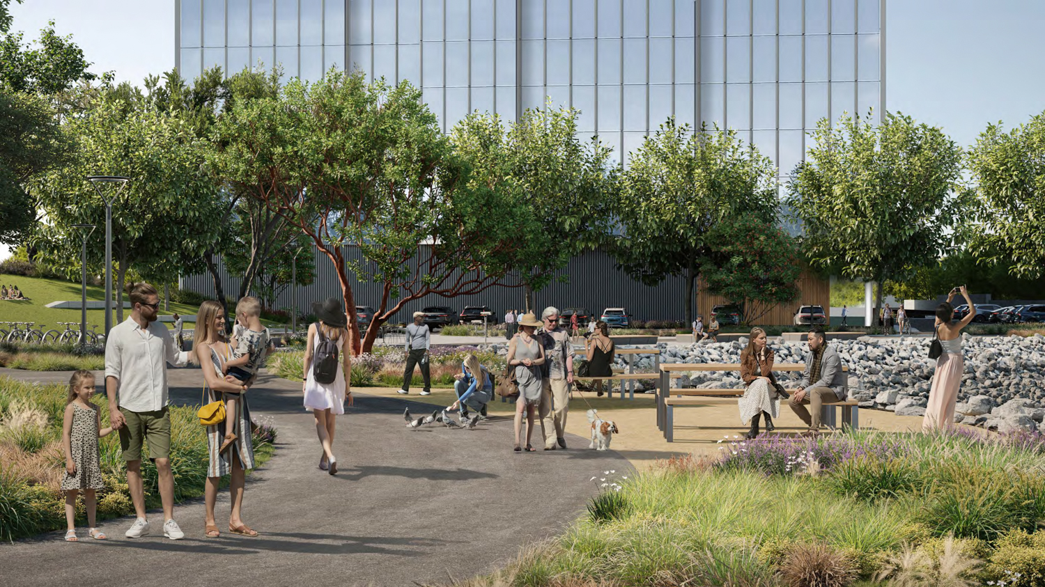 777 Airport Boulevard in the background seen from the bay trail, rendering by Gensler