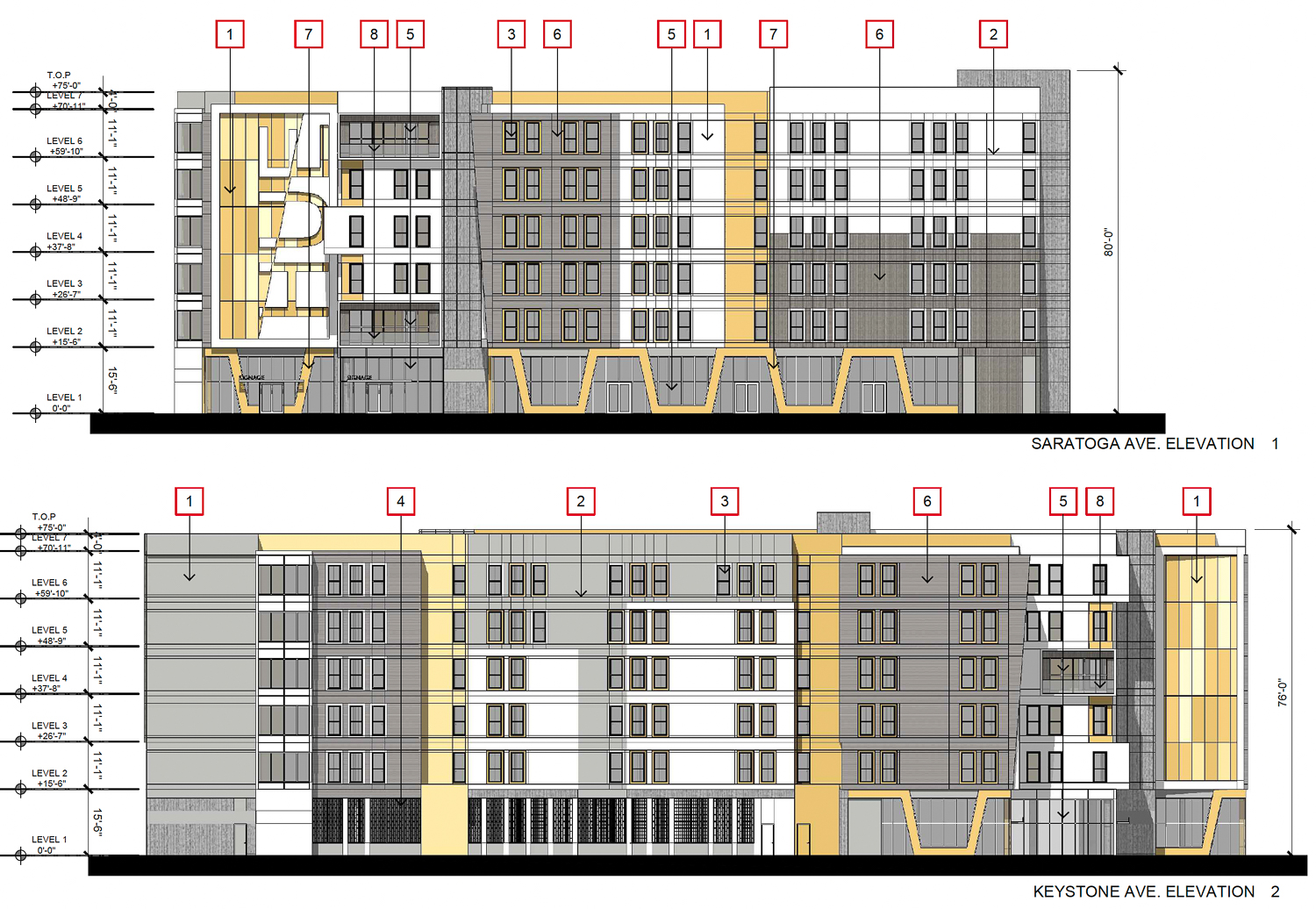 80 Saratoga Avenue facade elevations overlooking Saratoga and Keystone Avenue, elevation by Architects Orange
