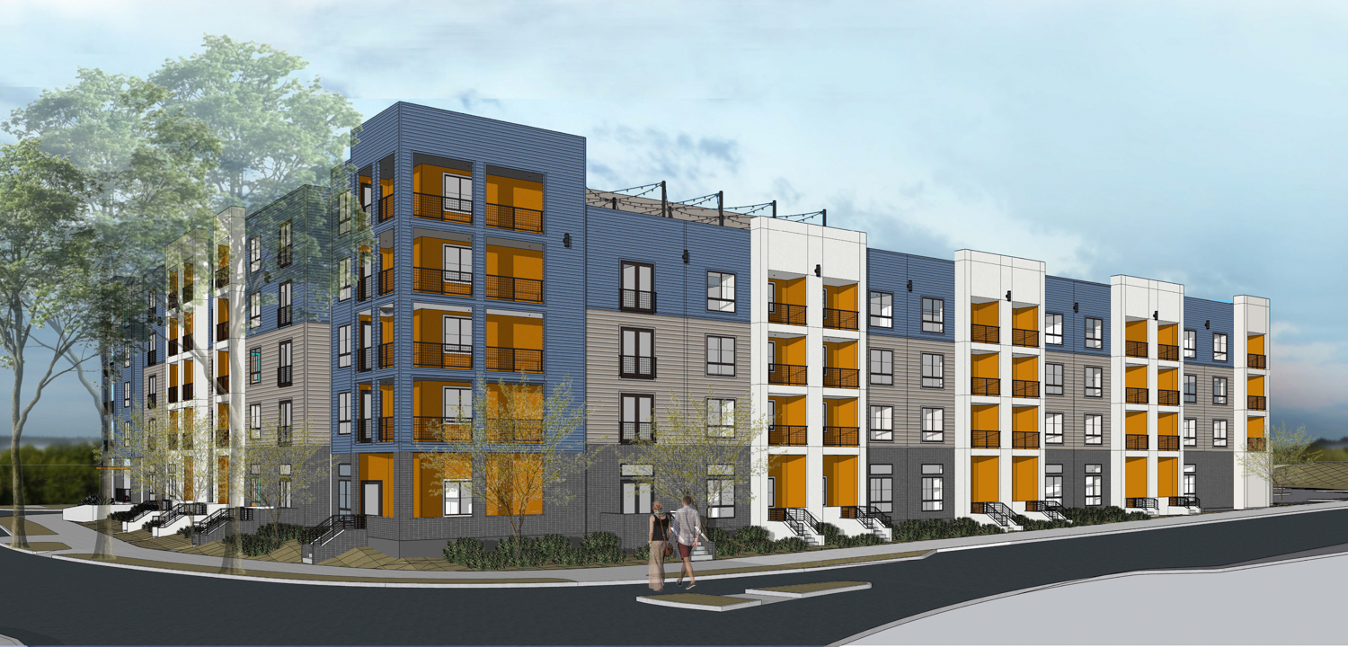840-850 Delta Lane view of the townhome-style stoops, rendering by Kuchman Architects
