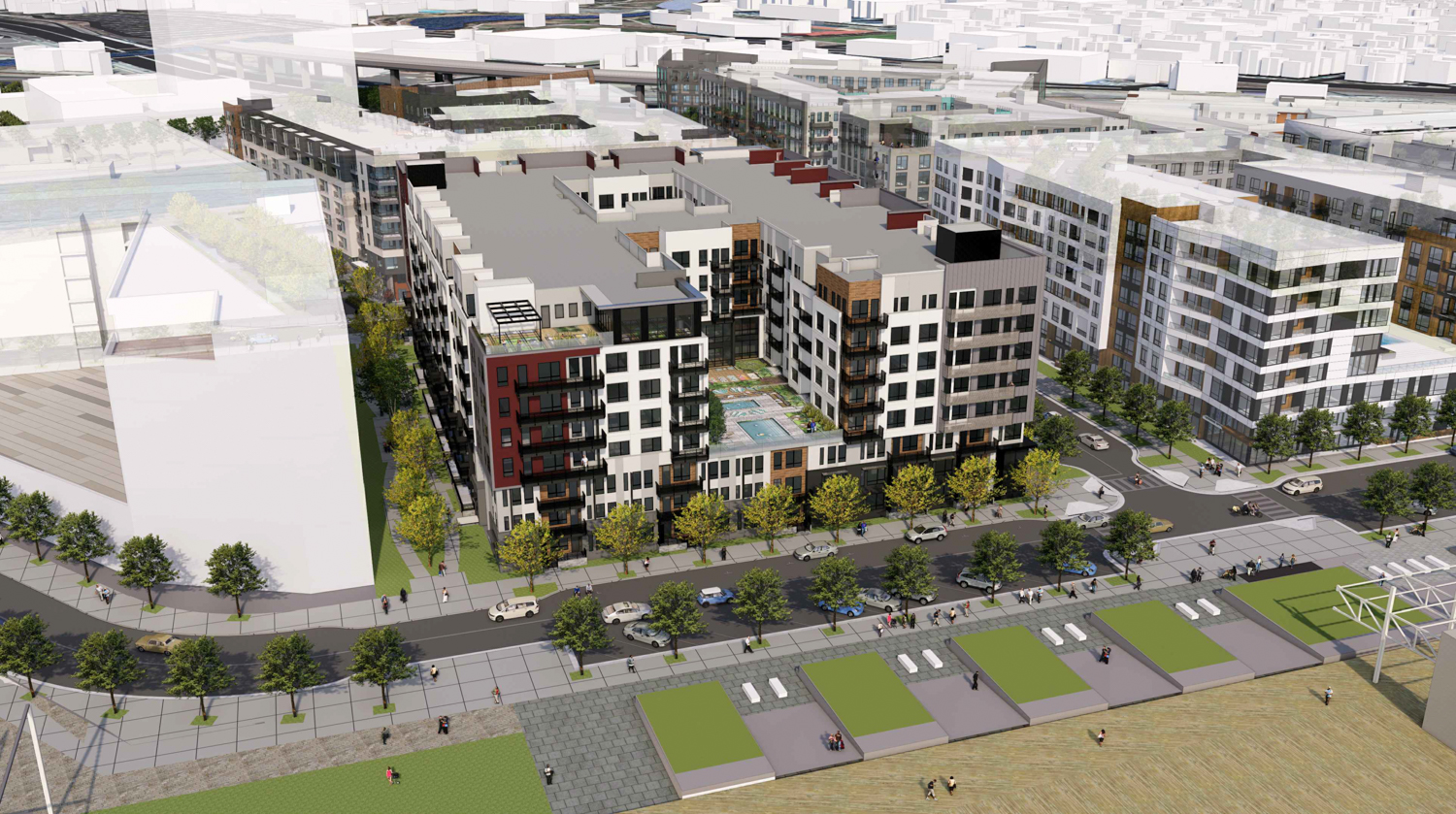 Brooklyn Basin Parcel D aerial view looking north, rendering by Architecture Design Collaborative