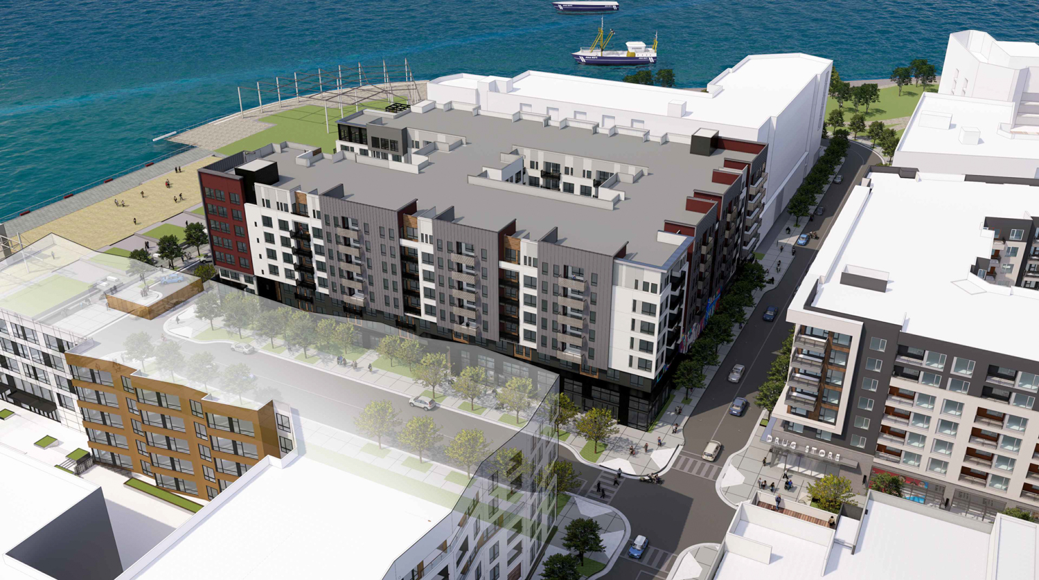 Brooklyn Basin Parcel D aerial view looking south, rendering by Architecture Design Collaborative