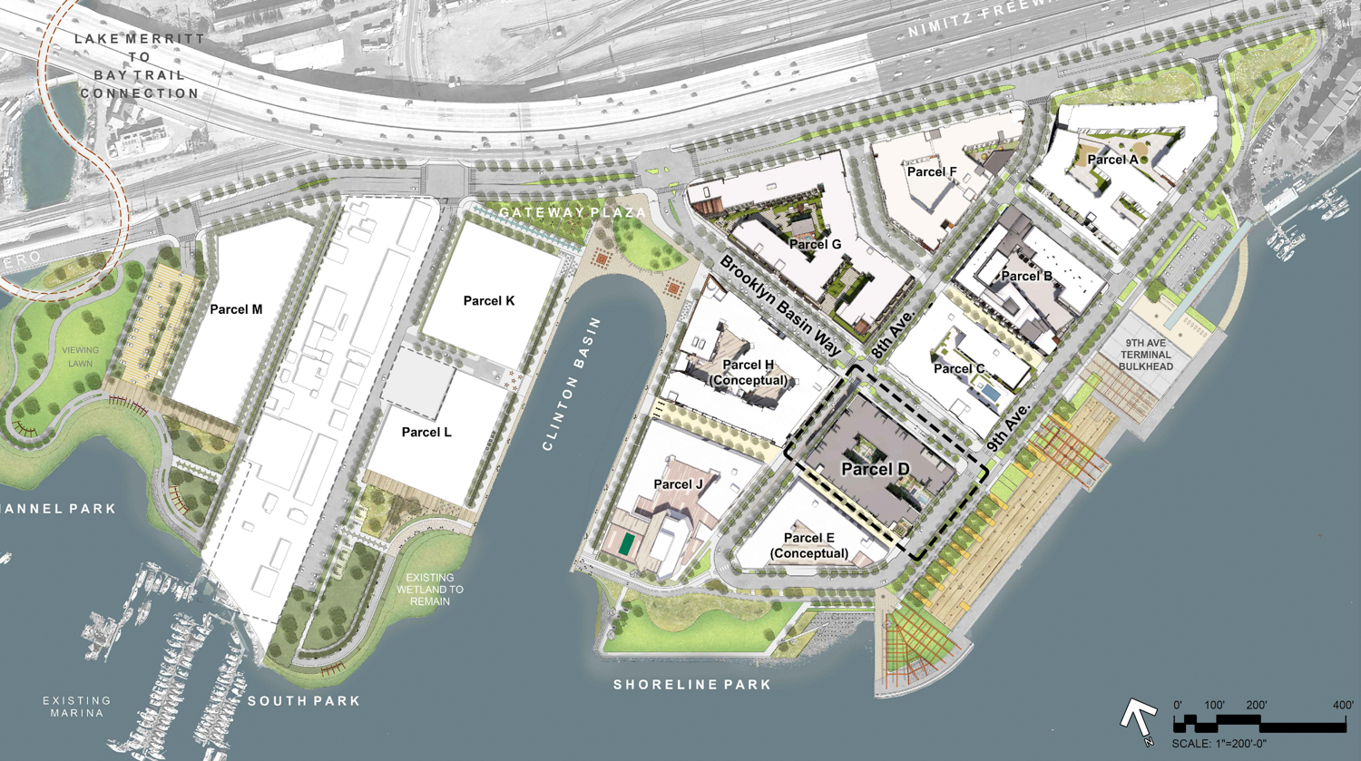 Brooklyn Basin masterplan, with Parcel D outlined in black, rendering by Architecture Design Collaborative