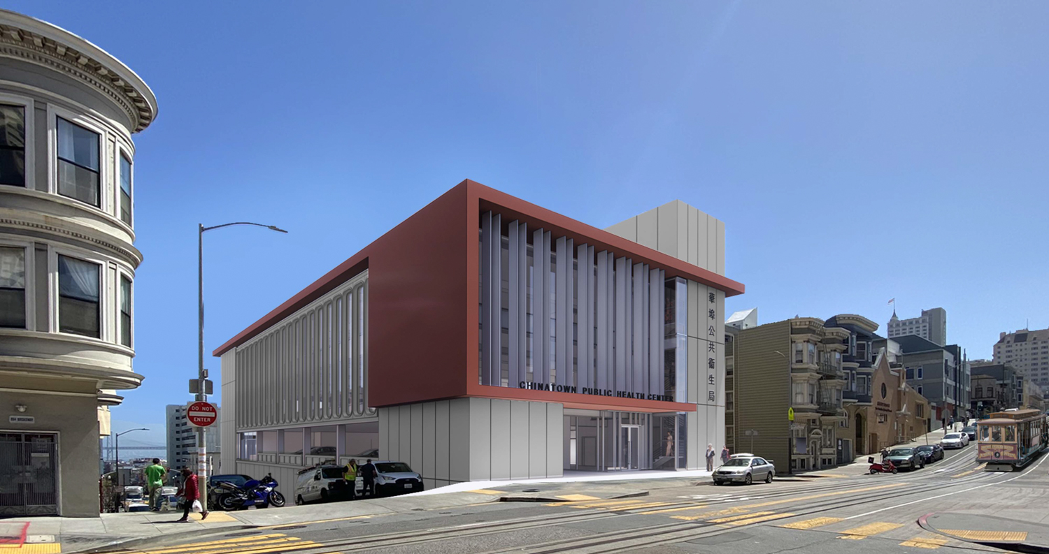 Chinatown Public Health Center from the corner of Mason Street and Broadway, rendering via the San Francisco Public Works