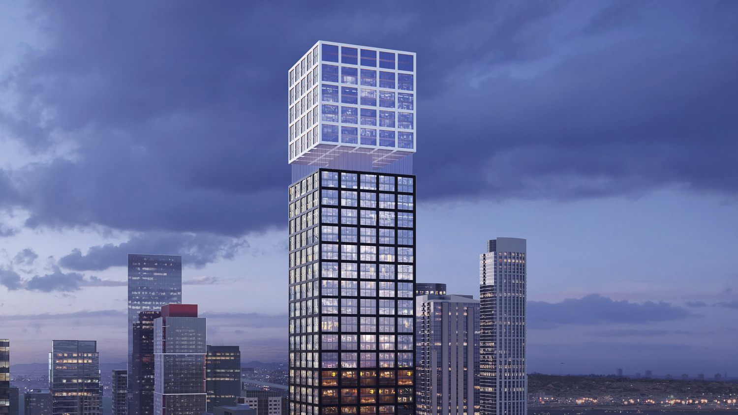 Close-up of The Cube on 620 Folsom Street, rendering by Arquitectonica