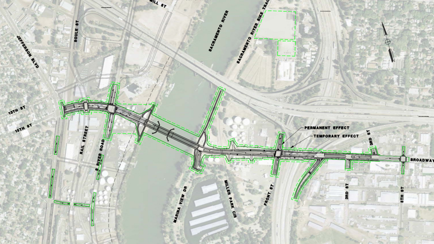 Sacramento Broadway Bridge prospective site map, illustration by Mark Thomas & Company
