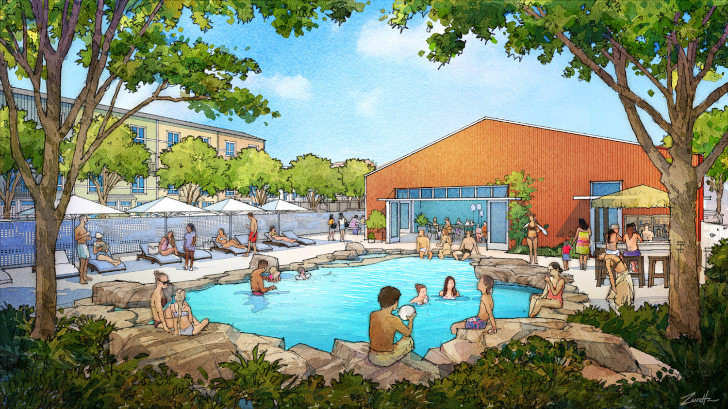 The Residence @ Napa Junction community Rock Pool, illustration by Macy Architecture