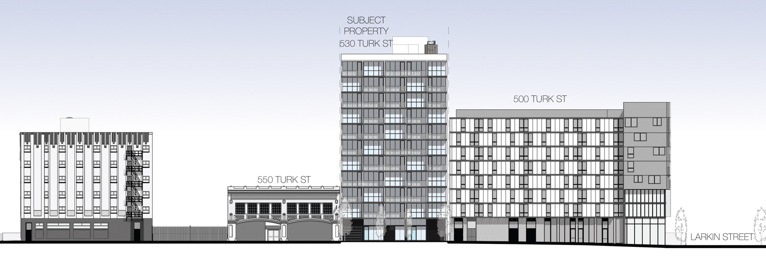 Vertical street view elevation with 530 Turk Street next to its neighboring buildings, illustration by RG Architecture
