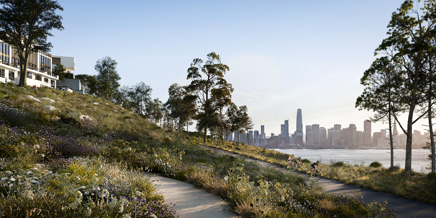 Yerba Buena Island trail with views of the San Francisco skyline, rendering by Hayes Davidson