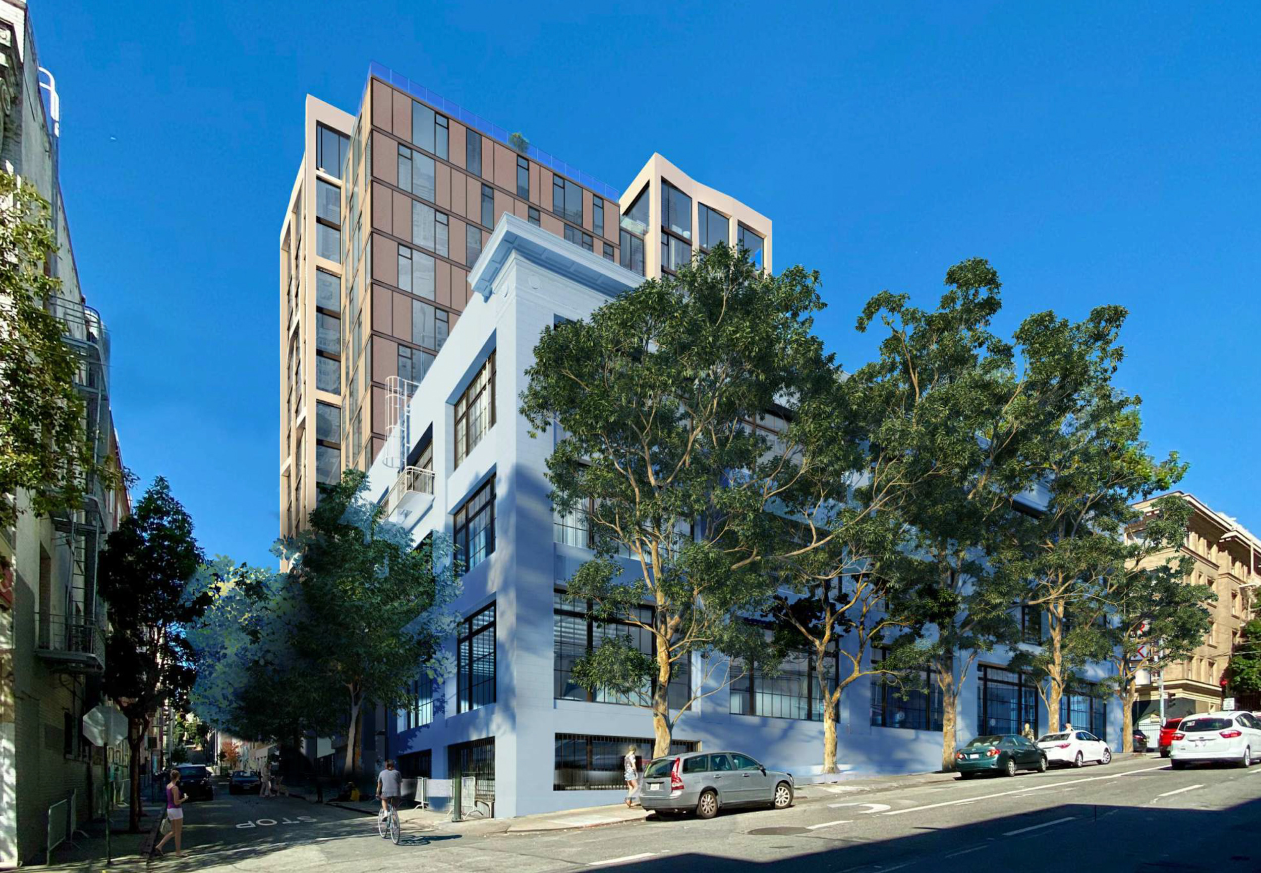 1101 Sutter Street view from the corner of Larkin and Hemlock, rendering by David Baker Architects