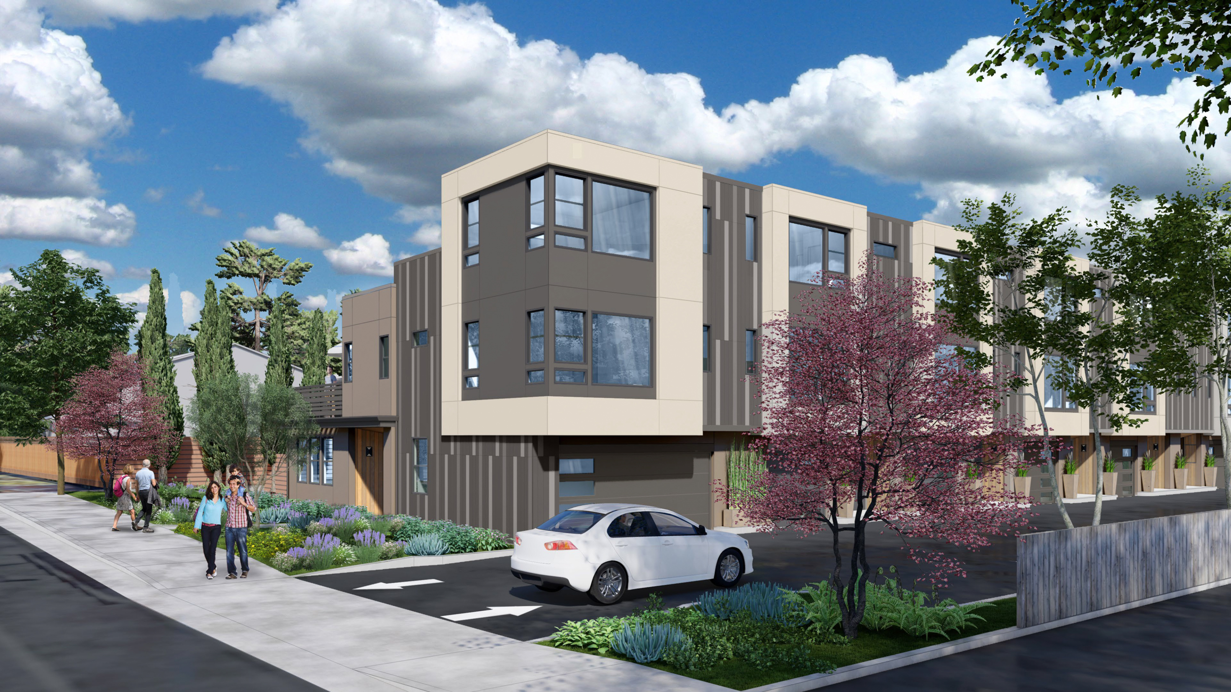 1655 South De Anza Boulevard townhomes car entry, rendering by Dahlin Group