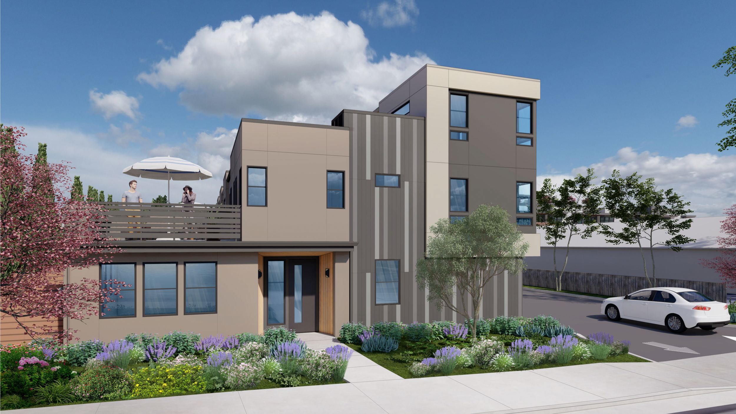 1655 South De Anza Boulevard townhomes sidewalk landscaping view, rendering by Dahlin Group