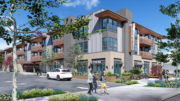 1655 South De Anza sidewalk view of the apartments Boulevard, rendering by Dahlin Group