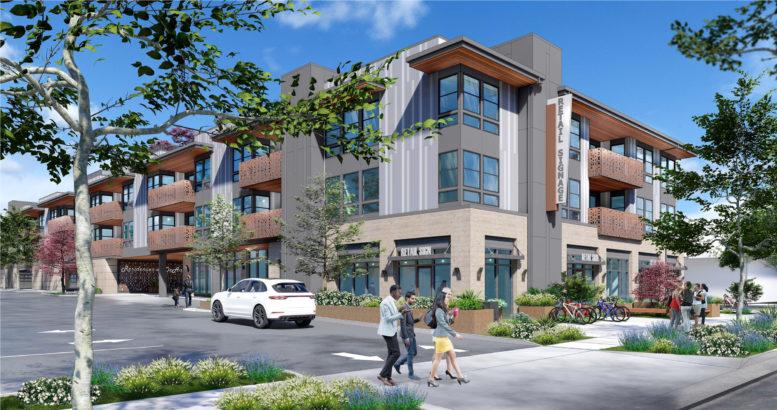1655 South De Anza sidewalk view of the apartments Boulevard, rendering by Dahlin Group