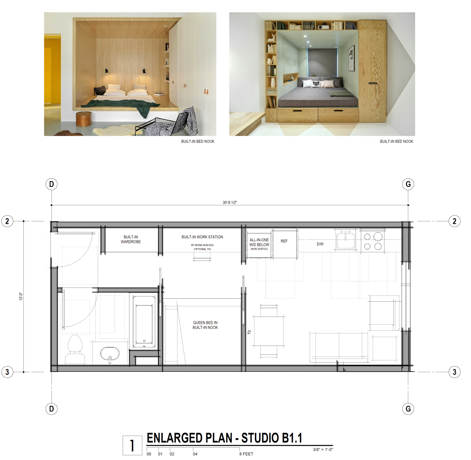 3801 Telegraph Avenue interior design floor plan and images of inspiration bed nook, illustration by Left Coast Architecture