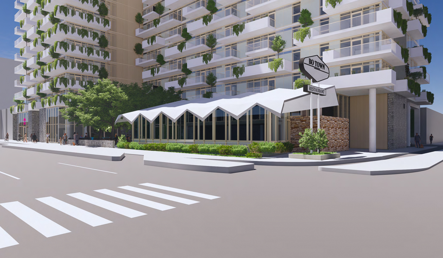 BoTown Residences street view of the preserved Bo Town structure, rendering by James K.M. Cheng Architects