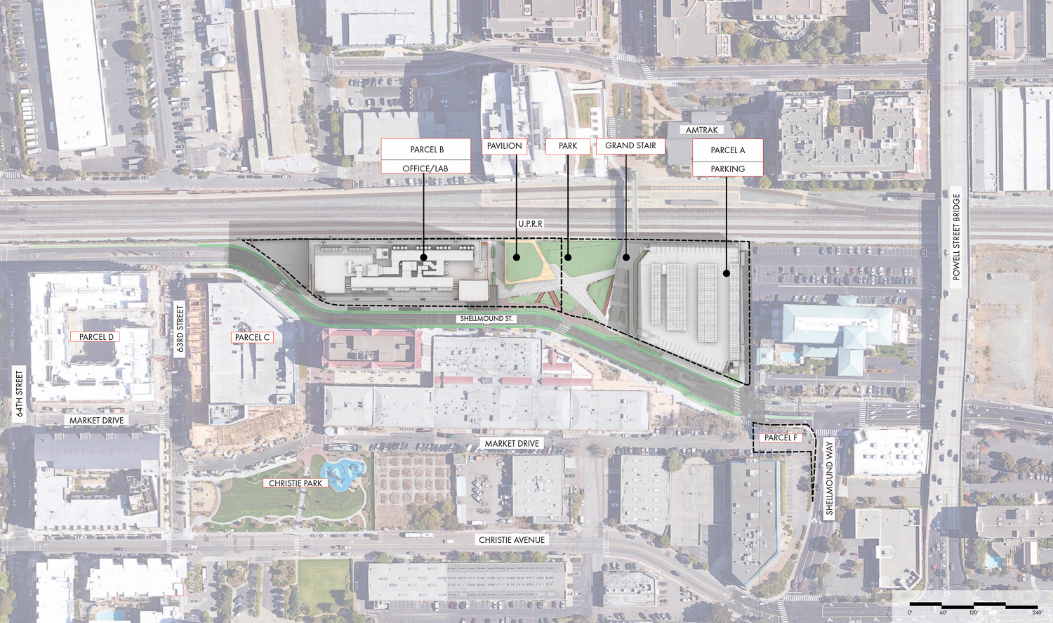 Emeryville Public Market aerial overview, site map via HDR