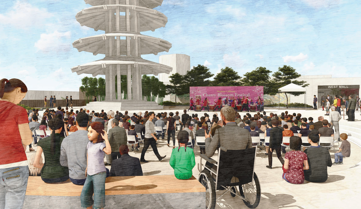 Japantown Peace Plaza large event perspective, rendering by RHAA Landscape Architects