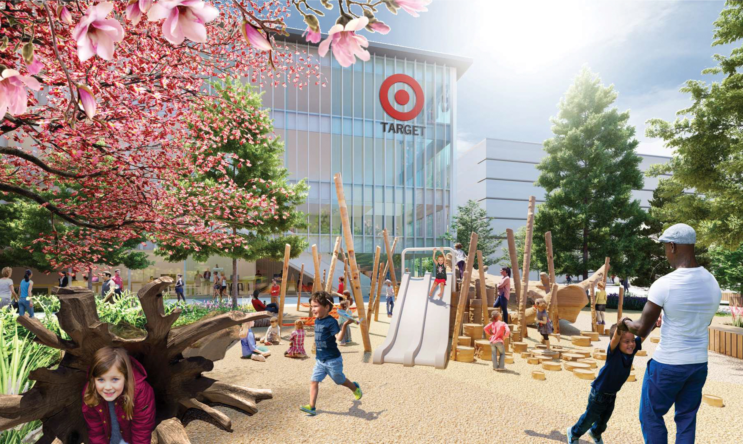 Tanforan Mall Redevelopment children's playground with the new Target building overlooking, rendering by Gensler