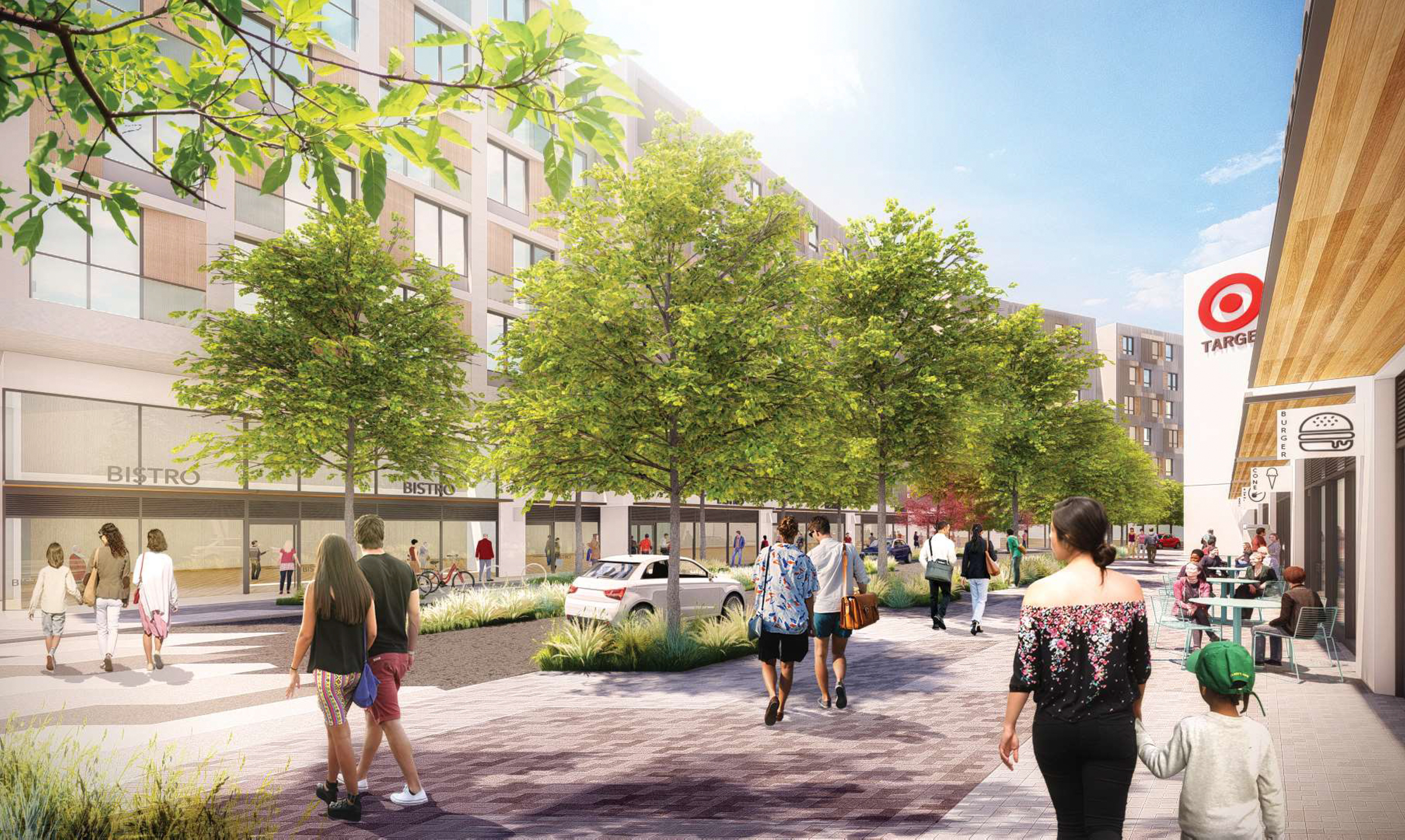 Tanforan Mall Redevelopment sidewalk activity, rendering by Gensler
