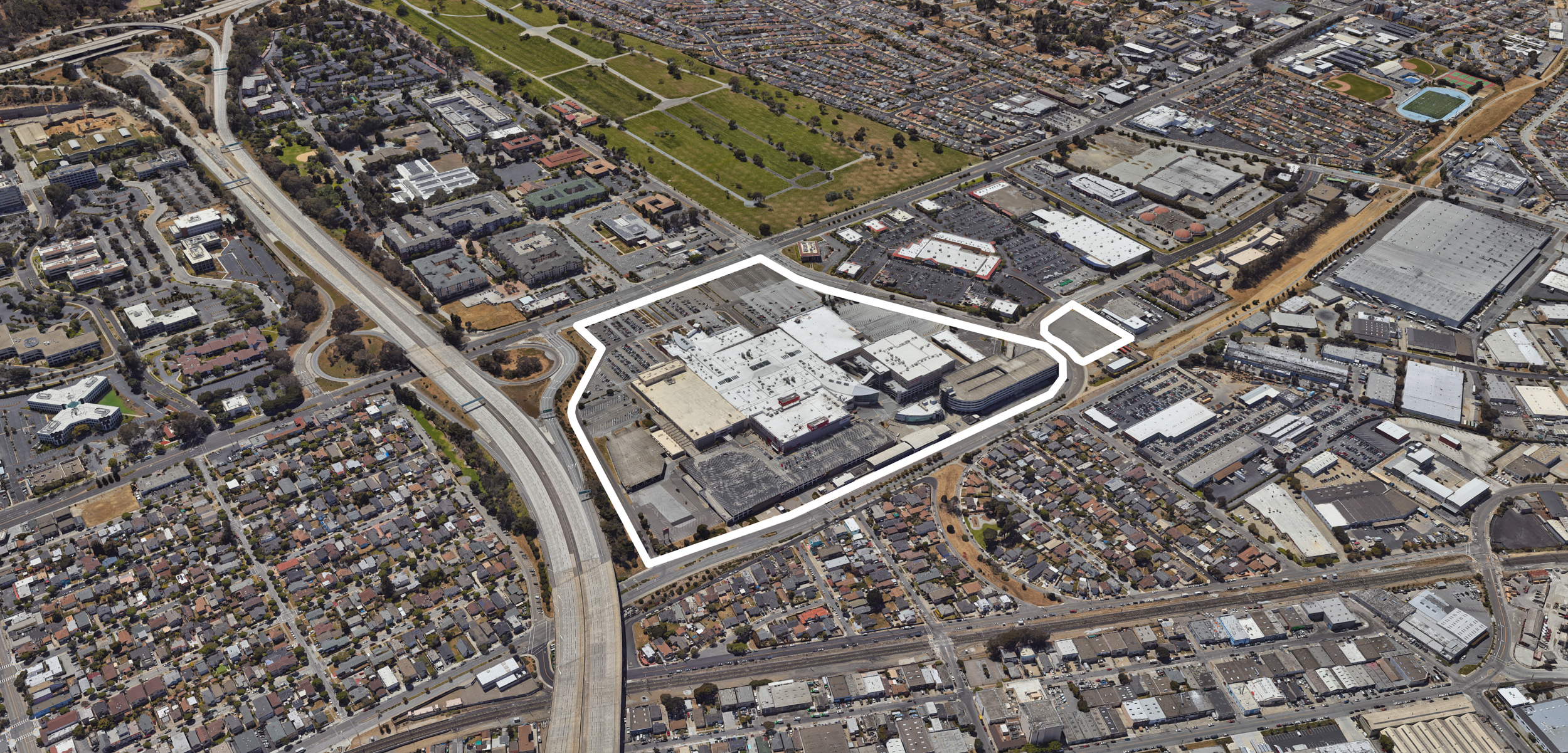 Tanforan Mall existing condition roughly outlined by YIMBY, image via Google Satellite