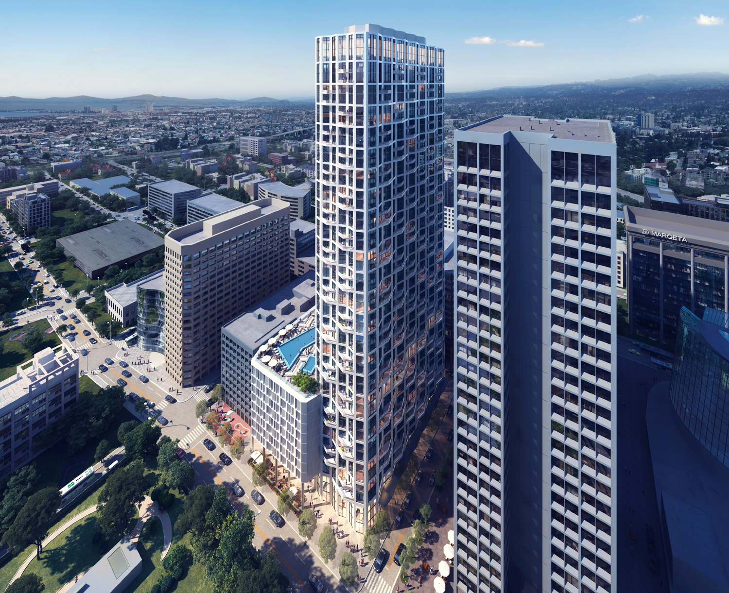 Town Tower aerial view from 21st Street and Kaiser Plaza, rendering by Solomon Cordwell Buenz