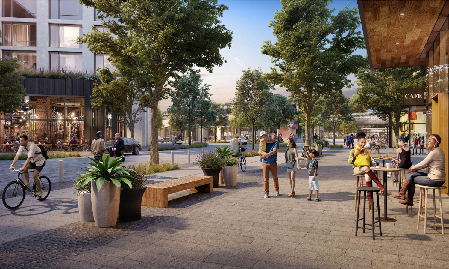 Willow Village town square activity, image courtesy Signature, Peninsula Innovation Partners