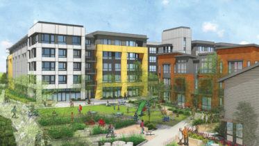 123 Independence Drive view of the apartments, townhomes, and central open space, rendering by Studio T Square