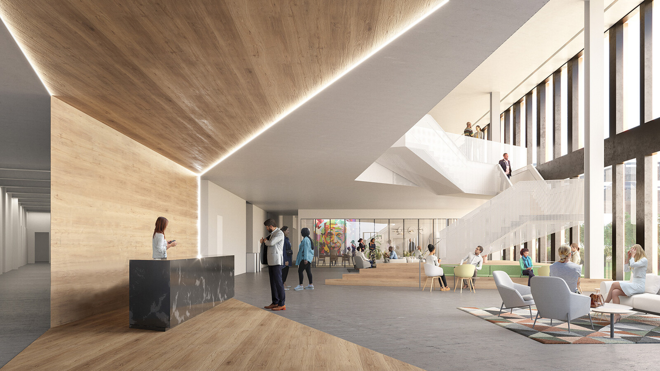 1450 Owens Street lobby interior with the communication stair well included, rendering by IwamotoScott Architecture