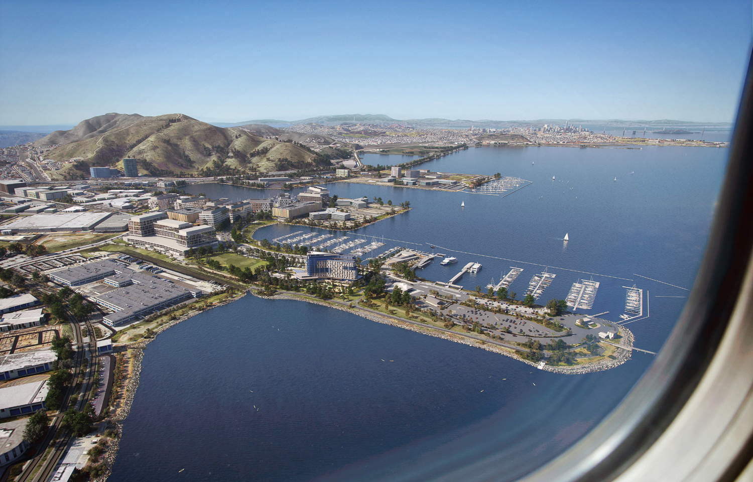 367 Marina Boulevard aerial view from an airport departing SFO, rendering by SB Architects