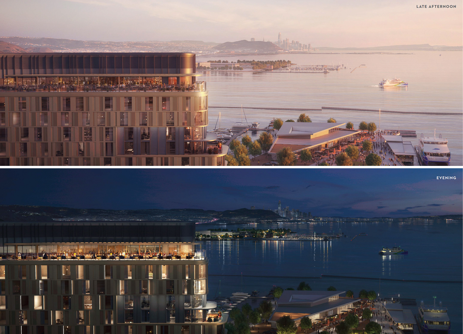 367 Marina Boulevard rooftop deck view in the afternoon (top) and evening (bottom), rendering by SB Architects