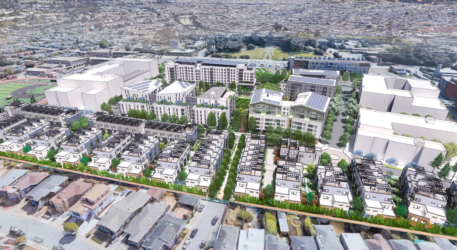 Balboa Reservoir masterplan aerial view with townhomes in the foreground, rendering by Dahlin