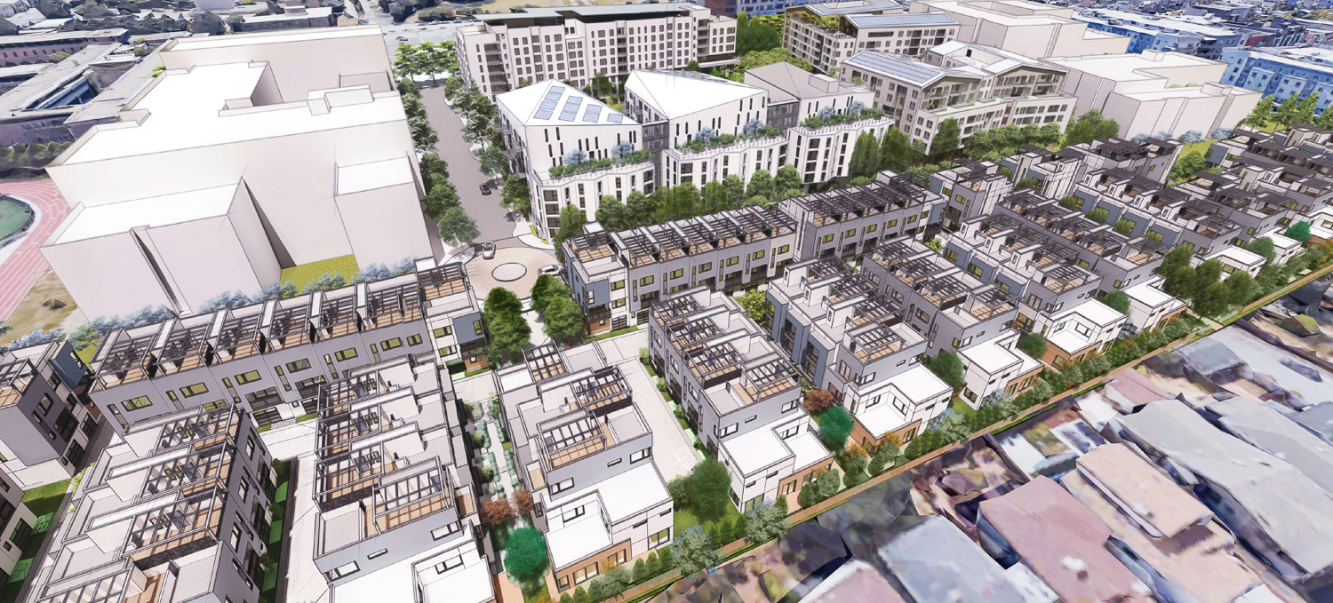 Balboa Reservoir townhomes aerial perspective, rendering by Dahlin