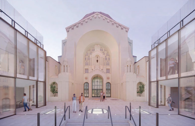 Congregation Emanu-El Synagogue courtyard view looking toward the sanctuary dome, rendering by Mark Cavagnero Associates