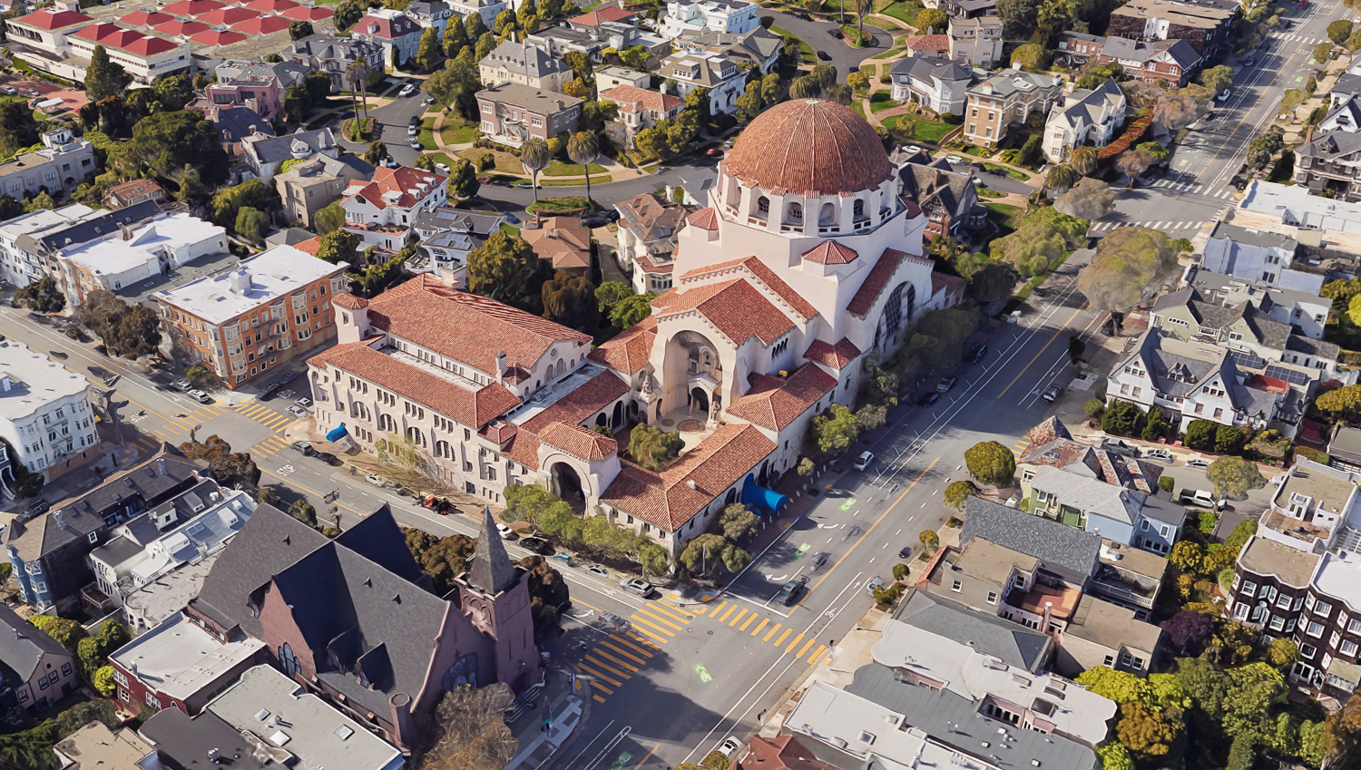 Congregation Emanu-El Synagogue existing condition, image via Google Satellite
