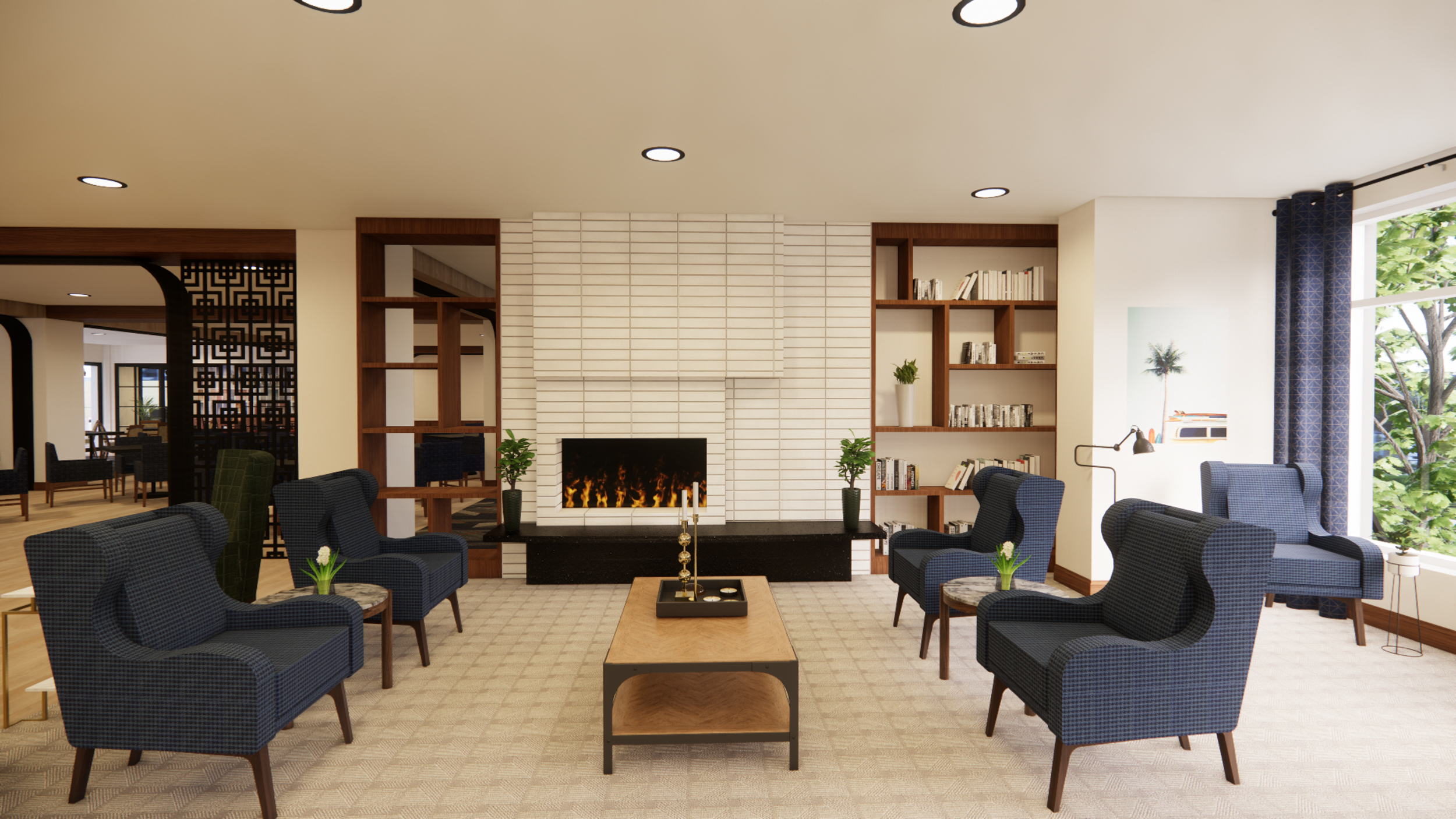 Living room and fireplace inside Bellara at 1200 A Street, rendering by Urbal Architecture