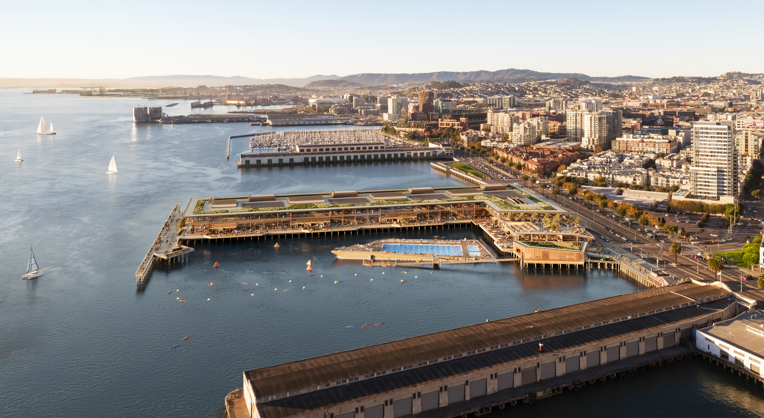 Piers 30-32 overview looking southwest, rendering by Steelblue courtesy Strada