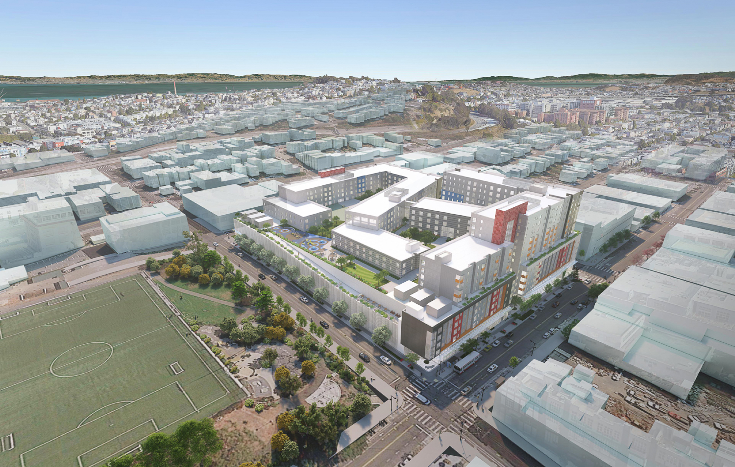Potrero Yard modernization aerial view overlooking Franklin Square, rendering by IBI Group