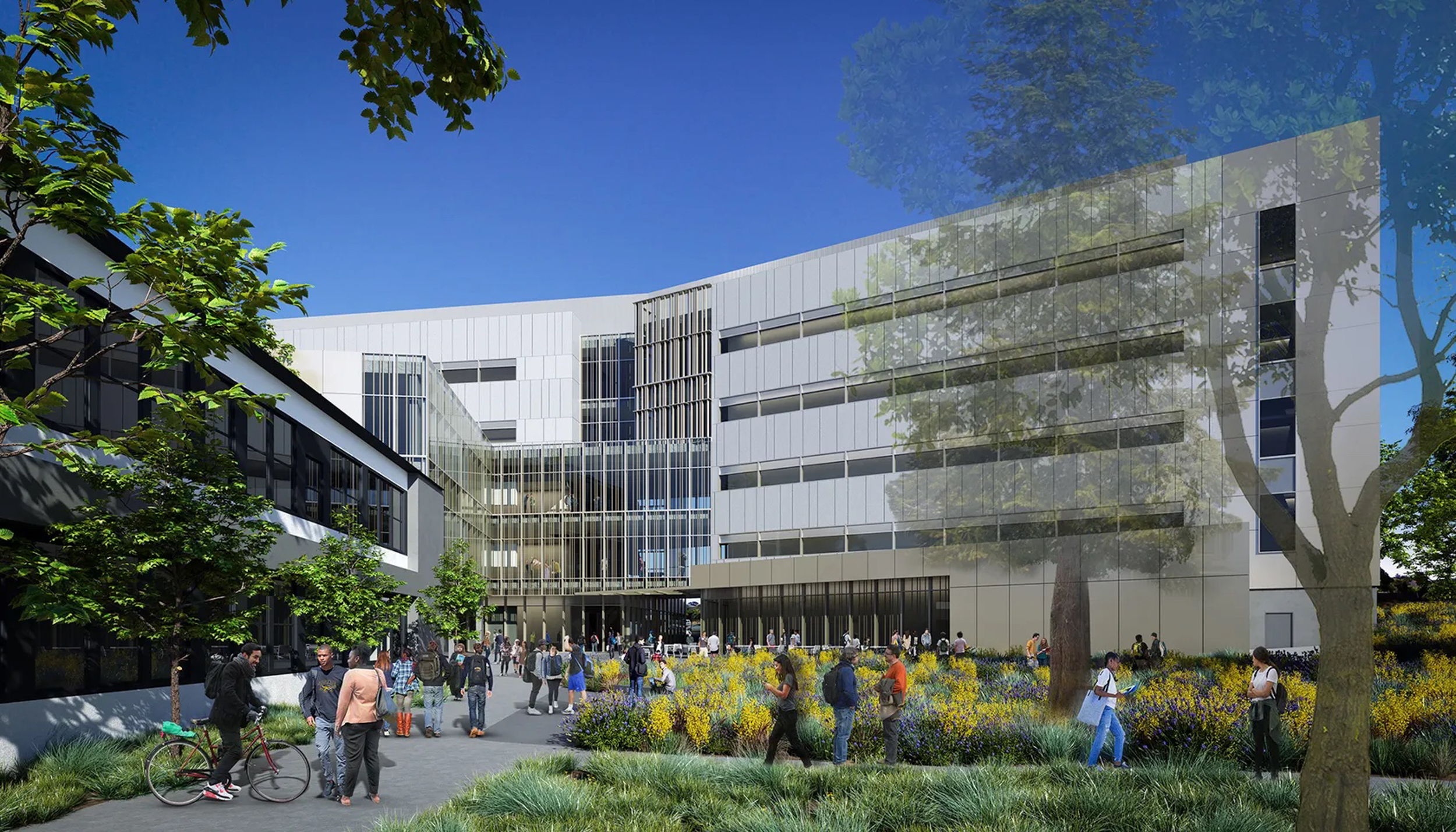 SFSU Science & Engineering Innovation Center view from the landscaped plaza, rendering by SmithGroup